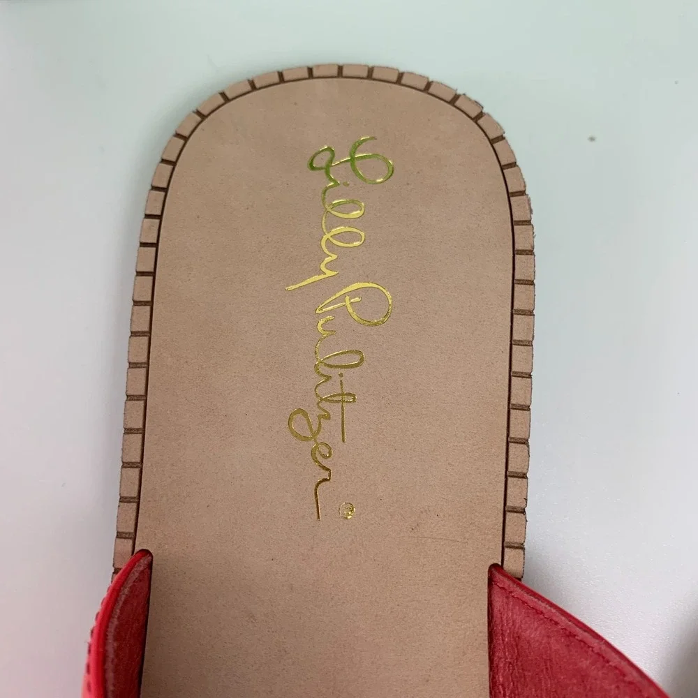 New Lilly Pulitzer McKim Saffiano Leather Thong Sandals 6.5 Daiquiri Pink Coral